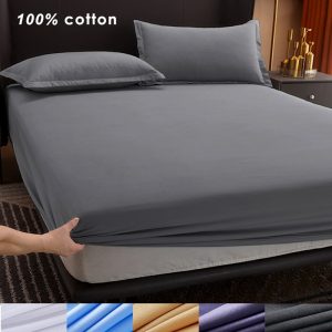 100-Cotton-Fitted-Bed-Sheet-with-Elastic-Band-Solid-Color-Anti-slip-Adjustable-Mattress-Cover-for