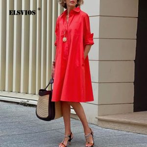 Autumn-New-Simple-Shirt-Dress-Casual-Solid-Color-Long-Sleeves-Fashion-Turn-down-Collar-Elegant-Pocket