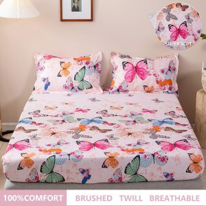 Bedding-Fitted-Sheet-Colorful-Butterfly-Pattern-Polyester-Twill-Brushed-Lightweight-Dust-proof-Mattress-Cover-25cm-Deep