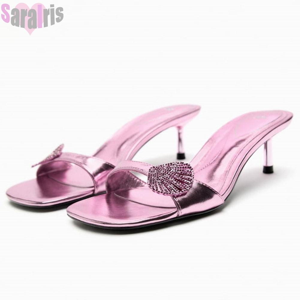 Brand-Summer-Women-Sandals-Shiny-Open-Toe-Kitten-Heels-Metallic-Sandals-Pink-Mule-Fashion-Slide-Casual