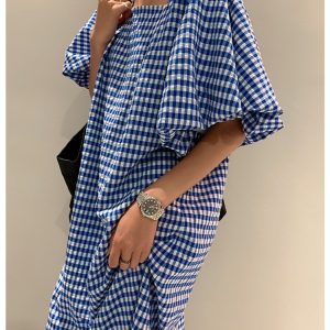 Fashion-Square-Neck-Plaid-Puff-Sleeve-Loose-Casual-Dress-Summer-Women-Korean-Ladies-Chic-2023-New