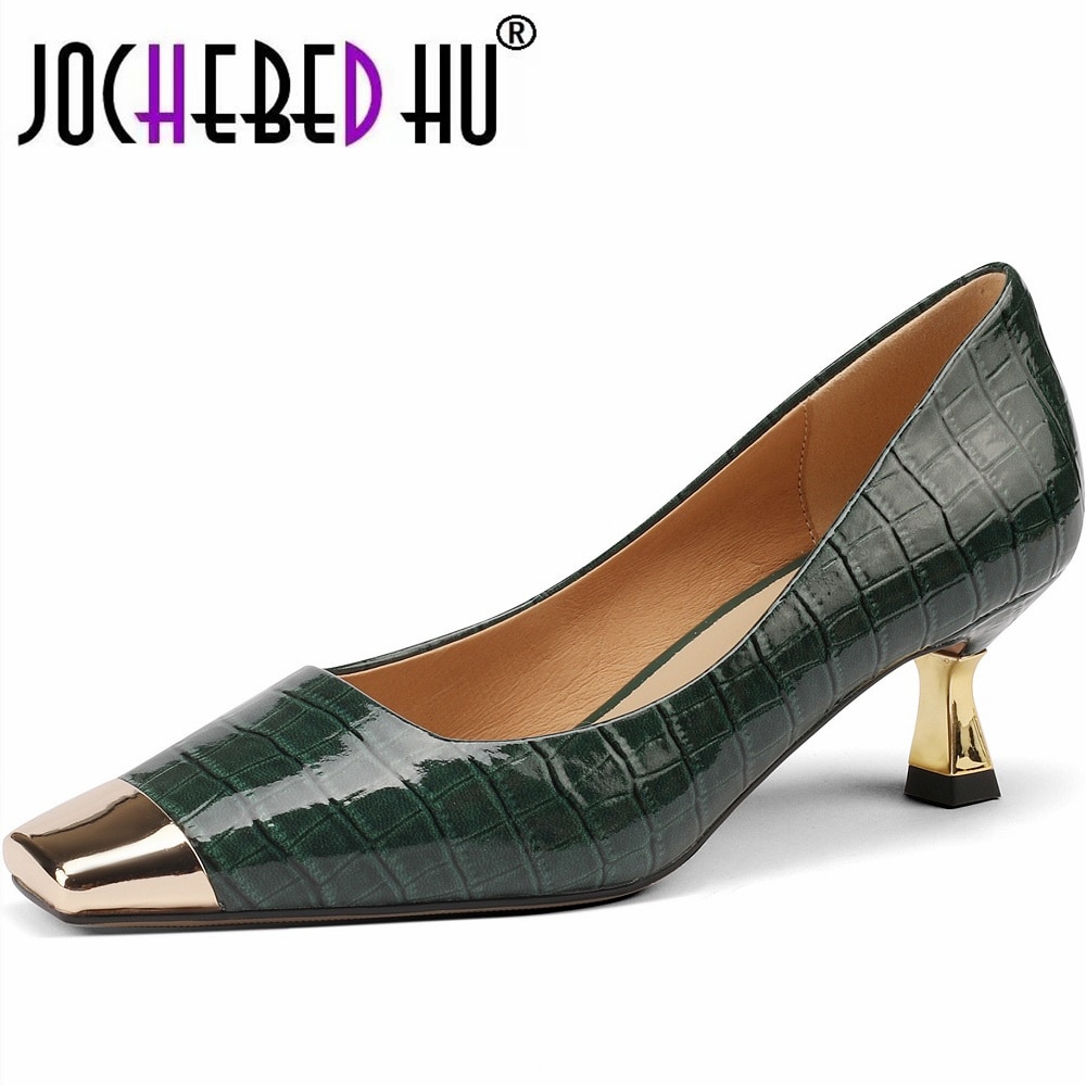 JOCHEBED-HU-Brand-New-Shoes-Metal-Square-Toe-Women-s-Pumps-Patchwork-Genuine-Leather-Thin