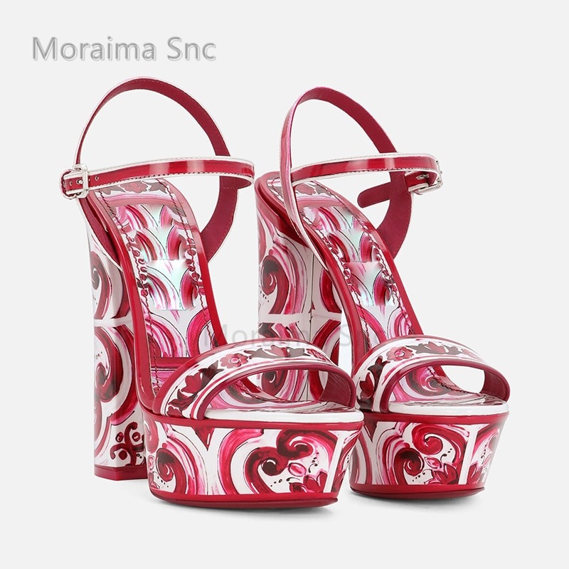 Red-Print-Waterproof-Platform-Chunky-Heels-Sandals-for-Women-14Cm-Open-Toe-High-Heels-One-Belt