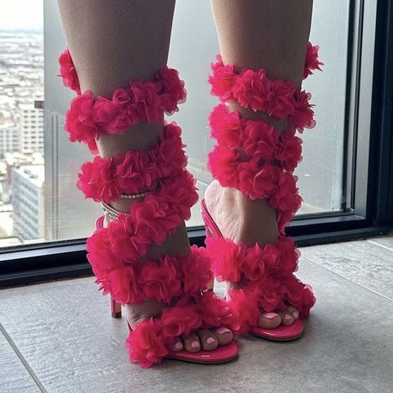 Rose-Red-Petal-Snake-Shaped-Wrapped-Ankle-Sandals-Woman-Summer-2023-Black-Open-Toe-High-Heels