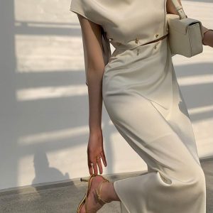 TWOTWINSTYLE-Elegant-White-Long-Dress-Female-Round-Neck-Short-Sleeve-High-Waist-Cut-Out-Midi-Dresses