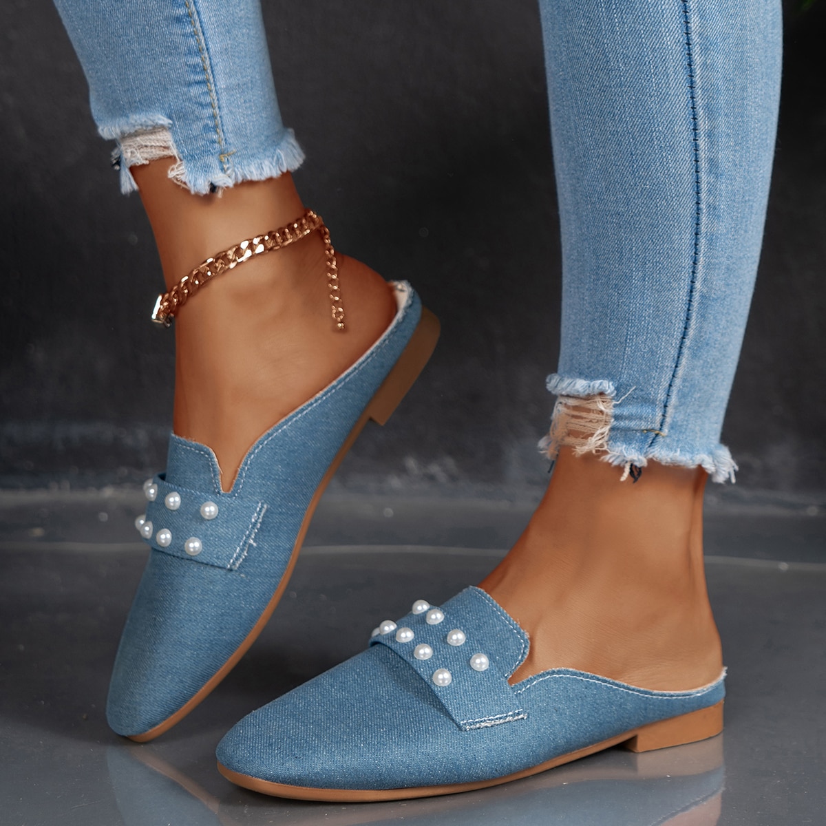 2023-New-Shoes-Female-Mules-Women-s-Slippers-Summer-Fashion-Denim-Low-Heels-Shoes-Elegant-Pearl