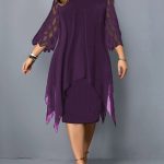 Elegant-Midi-Party-Dress-For-Chubby-Women-Xxl-O-Neck-Lace-Sleeve-Hollow-Out-Solid-Sexy-1