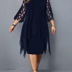 Elegant-Midi-Party-Dress-For-Chubby-Women-Xxl-O-Neck-Lace-Sleeve-Hollow-Out-Solid-Sexy