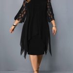 Elegant-Midi-Party-Dress-For-Chubby-Women-Xxl-O-Neck-Lace-Sleeve-Hollow-Out-Solid-Sexy-2