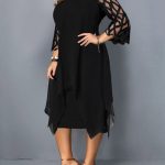 Elegant-Midi-Party-Dress-For-Chubby-Women-Xxl-O-Neck-Lace-Sleeve-Hollow-Out-Solid-Sexy-3