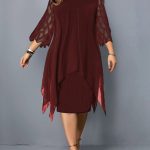 Elegant-Midi-Party-Dress-For-Chubby-Women-Xxl-O-Neck-Lace-Sleeve-Hollow-Out-Solid-Sexy-4