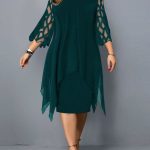 Elegant-Midi-Party-Dress-For-Chubby-Women-Xxl-O-Neck-Lace-Sleeve-Hollow-Out-Solid-Sexy-5