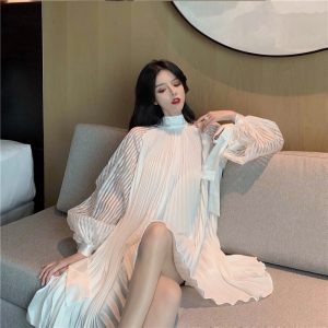 New-Korean-Summer-Fashion-Women-Clothes-Vacation-Dresses-Lantern-Sleeves-Pullover-Loose-Pleated-Dress