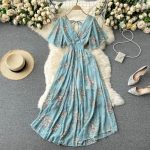 SINGREINY-Women-Chiffon-Floral-Long-Dress-Korean-V-Neck-Short-Sleeve-Ruched-A-line-Dresses-Summer