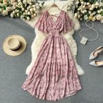 SINGREINY-Women-Chiffon-Floral-Long-Dress-Korean-V-Neck-Short-Sleeve-Ruched-A-line-Dresses-Summer-3