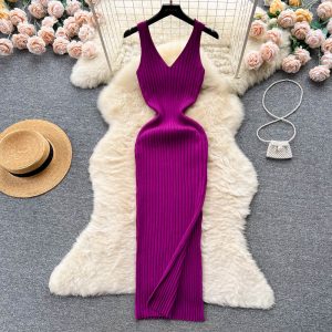 YuooMuoo-Chic-Fashion-Sexy-Wrap-Hips-Split-Knitted-Summer-Dress-Women-Slim-Elastic-Bodycon-Long-Dress